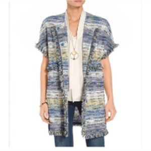 St John Knit Boucle Fringe Cornflower Blue Cardigan Sz SM